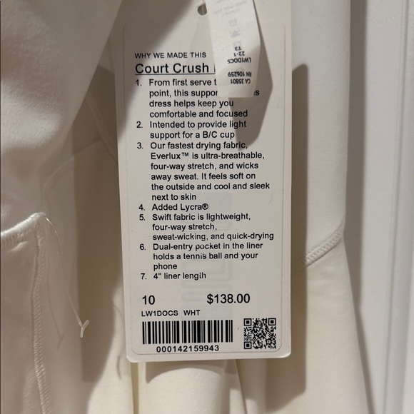 lululemon‎ athletica court crush Women's White Tennis Dress NWT 10 - Picture 5 of 8